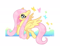 Size: 2048x1623 | Tagged: safe, artist:petaltwinkle, fluttershy, butterfly, pegasus, pony, g4, blushing, cute, female, mare, shyabetes, signature, simple background, smiling, solo, spread wings, white background, wings