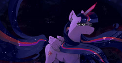 Size: 1243x643 | Tagged: safe, artist:elliemore-casp, twilight sparkle, alicorn, pony, g4, the last problem, concave belly, female, folded wings, glowing, glowing horn, horn, lidded eyes, long mane, long tail, mare, night, older, older twilight, older twilight sparkle (alicorn), princess twilight 2.0, quadrupedal, smiling, solo, standing, tail, twilight sparkle (alicorn), wings