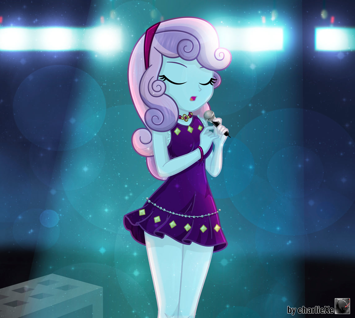 [clothes,dress,equestria girls,eyes closed,female,human,microphone,older,safe,singing,solo,sweetie belle,older sweetie belle,artist:charliexe,legs together]