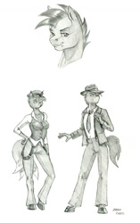 Size: 850x1353 | Tagged: safe, artist:baron engel, oc, oc:courage fire, unicorn, anthro, duo, grayscale, hat, monochrome, pencil drawing, simple background, traditional art, white background