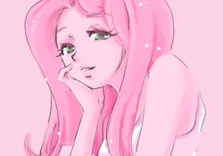 Size: 2048x1431 | Tagged: safe, artist:bonoramo, fluttershy, human, equestria girls, g4, female, hand on chin, lidded eyes, limited palette, looking at you, pink background, simple background, smiling, smiling at you, solo
