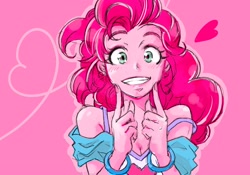 Size: 2048x1431 | Tagged: safe, artist:bonoramo, pinkie pie, human, equestria girls, g4, bare shoulders, blush lines, blushing, bracelet, breasts, bust, cleavage, clothes, eyebrows, grin, heart, jewelry, looking at you, nail polish, off shoulder, pink background, simple background, smiling, smiling at you, solo, teeth