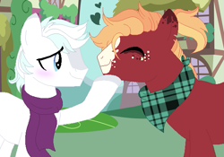 Size: 593x416 | Tagged: safe, artist:mh-verse, big macintosh, double diamond, earth pony, pony, g4, alternate hairstyle, bandana, base used, blushing, clothes, cute, doublemac, duo, duo male, eyes closed, gay, hoof on chin, male, scarf, shipping, smiling, stallion
