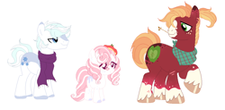 Size: 1068x526 | Tagged: safe, artist:mh-verse, big macintosh, double diamond, earth pony, pony, g4, bandana, base used, beret, clothes, coat markings, doublemac, family, female, filly, foal, freckles, gay, hat, magical gay spawn, male, offspring, parent:big macintosh, parent:double diamond, parents:doublemac, scarf, shipping, simple background, socks (coat markings), stallion, straw in mouth, trio, unshorn fetlocks, white background