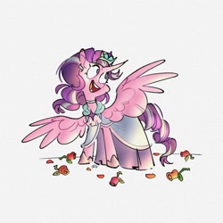 Size: 1368x1369 | Tagged: safe, artist:disaterror, starlight glimmer, alicorn, pony, g4, alicornified, alternate hairstyle, clothes, cute, dress, ear piercing, earring, flower, glimmerbetes, happy, jewelry, open mouth, open smile, piercing, race swap, rose, smiling, solo, spread wings, starlicorn, tiara, wings, xk-class end-of-the-world scenario