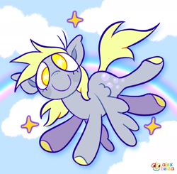 Size: 2048x2010 | Tagged: safe, artist:alexbeeza, derpy hooves, pegasus, pony, g4, big ears, closed mouth, cloud, flying, high res, looking at you, rainbow, smiling, smiling at you, solo, sparkles, starry eyes, wingding eyes, wings, wings down