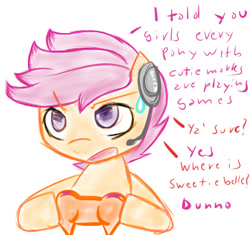 Size: 409x384 | Tagged: safe, artist:sagasshi, scootaloo, pony, g4, female, filly, foal, gamer scootaloo, headset, solo