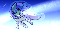 Size: 7165x3937 | Tagged: safe, artist:kruvvv, oc, pony, unicorn, :d, blue background, floating, flying, grin, happy, horn, levitation, looking at something, magic, open mouth, open smile, raised hoof, random pony, shading, simple background, sky, smiling, solo, space, stars, telekinesis, wallpaper