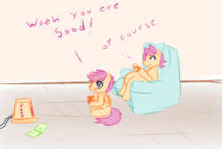 Size: 686x460 | Tagged: safe, artist:sagasshi, scootaloo, pegasus, pony, g4, controller, duo, female, filly, foal, gamer scootaloo, pregnant, pregnant foal, pregnant scootaloo, sitting, video game