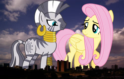 Size: 1651x1056 | Tagged: safe, anonymous editor, artist:chezne, artist:shutterflyyay, edit, fluttershy, zecora, pegasus, pony, zebra, g4, duo, ear piercing, earring, female, giant pony, giantess, highrise ponies, irl, jewelry, kenya, leg rings, macro, mare, nairobi, neck rings, photo, piercing, ponies in real life, story included