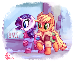 Size: 1550x1275 | Tagged: safe, artist:whitediamonds, applejack, rarity, earth pony, pony, unicorn, rarijack daily, g4, applejack's hat, bag, clothes, cowboy hat, cute, duo, duo female, eyebrows, eyebrows visible through hair, female, freckles, hat, horn, jackabetes, jacket, lesbian, looking at someone, looking at something, mare, open mouth, open smile, raised hoof, raised leg, raribetes, saddle bag, scarf, ship:rarijack, shipping, shopping, signature, smiling