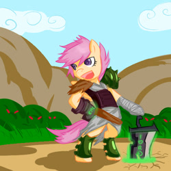 Size: 512x512 | Tagged: safe, artist:sagasshi, scootaloo, pegasus, pony, g4, bipedal, gamer scootaloo, solo, sword, weapon