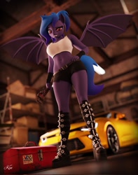Size: 1617x2048 | Tagged: safe, artist:kenaga, oc, oc only, oc:wavelength, bat pony, anthro, plantigrade anthro, 3d, bat pony oc, belly button, blurry background, boots, car, chevrolet camaro, clothes, eyebrows, fangs, female, indoors, looking at you, looking down, looking down at you, midriff, platform boots, raised eyebrow, shirt, shoes, short shirt, sleeveless, smiling, smiling at you, solo, source filmmaker, spread wings, vehicle, wings, wrench