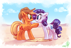 Size: 2050x1375 | Tagged: safe, artist:whitediamonds, applejack, rarity, earth pony, pony, unicorn, rarijack daily, g4, angry, applejack's hat, blushing, cloud, cowboy hat, desert, duo, duo female, eye contact, female, freckles, frown, hat, horn, lesbian, looking at each other, looking at someone, map, mare, outdoors, raised hoof, scrunchy face, ship:rarijack, shipping, signature, sky, sweat, underhoof