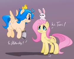 Size: 1280x1024 | Tagged: safe, artist:sussykitty666, angel bunny, fluttershy, pegasus, pony, rabbit, g4, angel riding fluttershy, animal, blush sticker, blushing, crossover, cute, dialogue, duo, female, hair over one eye, looking at each other, looking at someone, mare, ponified, rubber duck, shyabetes, smg4, smiling, smiling at each other, tari (smg4)