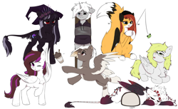 Size: 4914x3000 | Tagged: safe, artist:anku, oc, oc only, oc:henry ford, oc:katoma, oc:ludwig von leeb, frog, pegasus, pony, unicorn, clothes, fishing rod, fluffy tail, folded wings, glasses, hat, hoodie, horn, looking at someone, lying down, one eye closed, raised hoof, sitting, standing, tail, wings