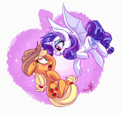 Size: 1800x1675 | Tagged: safe, artist:whitediamonds, applejack, rarity, alicorn, bat pony, bat pony alicorn, earth pony, pony, rarijack daily, bats!, g4, season 4, alicornified, applejack's hat, bat ears, bat ponified, bat wings, bedroom eyes, blushing, cowboy hat, duo, duo female, fangs, female, floppy ears, flying, freckles, hat, horn, lesbian, looking at each other, looking at someone, mare, nose wrinkle, open mouth, race swap, raribat, raricorn, scrunchy face, ship:rarijack, shipping, signature, sparkles, spread wings, sweat, wings
