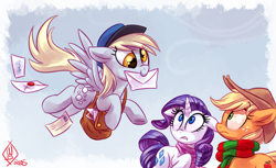 Size: 1800x1100 | Tagged: safe, artist:whitediamonds, applejack, derpy hooves, rarity, earth pony, pegasus, pony, unicorn, rarijack daily, g4, applejack's hat, bag, clothes, cowboy hat, cute, derpabetes, female, floppy ears, flying, freckles, hat, horn, lesbian, letter, looking at someone, mailbag, mailmare, mare, mouth hold, raised hoof, scarf, ship:rarijack, shipping, signature, spread wings, trio, wings