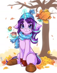 Size: 1200x1540 | Tagged: safe, artist:falafeljake, starlight glimmer, pony, unicorn, g4, autumn, beanie, boots, chocolate, clothes, cookie, cute, dead tree, eyebrows, eyebrows visible through hair, female, floppy ears, food, glimmerbetes, glowing, glowing horn, hat, horn, hot chocolate, leaves, levitation, looking at you, magic, magic aura, mare, mug, scarf, shoes, signature, smiling, smiling at you, solo, telekinesis, tree