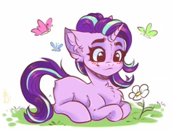 Size: 2912x2200 | Tagged: safe, artist:falafeljake, starlight glimmer, butterfly, pony, unicorn, g4, blushing, chest fluff, cute, ear fluff, eyebrows, female, flower, glimmerbetes, high res, horn, looking at something, lying down, mare, ponyloaf, prone, signature, simple background, smiling, solo, white background