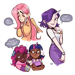Size: 2009x2000 | Tagged: safe, artist:jellynut1111, fluttershy, pinkie pie, rarity, twilight sparkle, human, friendship is magic, g4, dark skin, dialogue, female, frown, glasses, hair over one eye, high res, horn, horned humanization, humanized, light skin, round glasses, scene interpretation, simple background, speech bubble, white background, winged humanization, wings
