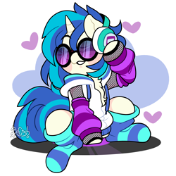 Size: 3500x3500 | Tagged: safe, artist:befishproductions, dj pon-3, vinyl scratch, pony, unicorn, g4, clothes, cute, equestria girls outfit, female, glasses, headphones, heart, high res, hoodie, horn, mare, raised hoof, sitting, socks, solo, striped socks, vinyl's glasses, vinylbetes