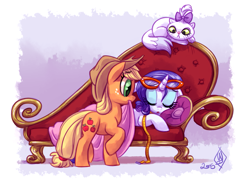 Size: 1425x1050 | Tagged: safe, artist:whitediamonds, applejack, opalescence, rarity, cat, earth pony, pony, unicorn, rarijack daily, g4, applejack's hat, blanket, bow, couch, cowboy hat, exhausted, eyebrows, eyebrows visible through hair, eyes closed, fainting couch, female, freckles, glasses, hair bow, hat, horn, lesbian, mare, measuring tape, mouth hold, open mouth, raised hoof, rarity's glasses, ship:rarijack, shipping, signature, sleeping, tired, trio
