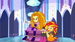 Size: 2500x1406 | Tagged: safe, artist:mit-boy, artist:seahawk270, editor:ktd1993, adagio dazzle, sunset shimmer, human, equestria girls, g4, my little pony equestria girls: rainbow rocks, amulet, boots, clothes, cute, female, happy, high heel boots, jewelry, journey book, lesbian, necklace, pen, ship:sunsagio, shipping, shoes, sitting, solo, writing