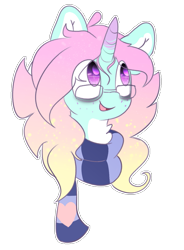 Size: 1039x1415 | Tagged: safe, artist:umbreow, oc, oc only, pony, unicorn, bust, clothes, female, glasses, mare, portrait, scarf, solo, striped scarf