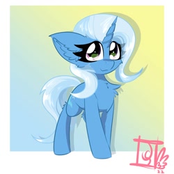 Size: 2000x2000 | Tagged: safe, artist:jubyskylines, trixie, pony, unicorn, g4, chest fluff, cute, diatrixes, ear fluff, female, gradient background, high res, horn, leg fluff, looking at you, mare, passepartout, signature, smiling, smiling at you, solo, wrong eye color