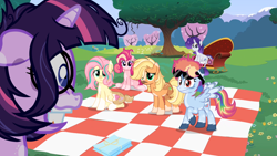 Size: 1280x720 | Tagged: safe, artist:thatonefluffs, edit, edited screencap, screencap, applejack, fluttershy, pinkie pie, rainbow dash, rarity, twilight sparkle, classical unicorn, earth pony, pegasus, pony, unicorn, g4, lesson zero, cloven hooves, fainting couch, freckles, horn, leonine tail, mane six, picnic blanket, redesign, unshorn fetlocks