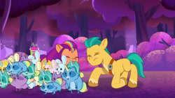 Size: 3072x1727 | Tagged: safe, screencap, hitch trailblazer, sunny starscout, bunnycorn, earth pony, pony, rabbit, raccoon, raccoonicorn, g5, my little pony: tell your tale, scents of adventure, spoiler:g5, spoiler:my little pony: tell your tale, spoiler:tyts01e60, drink, female, frown, male, mare, open mouth, open smile, smiling, smoothie, stallion
