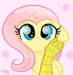 Size: 568x580 | Tagged: safe, artist:sugarcloud12, discord, fluttershy, draconequus, pegasus, pony, g4, blushing, cute, female, floppy ears, hand on cheek, heart, heart eyes, looking at you, male, male pov, offscreen character, offscreen male, pov, ship:discoshy, shipping, shyabetes, signature, straight, wingding eyes