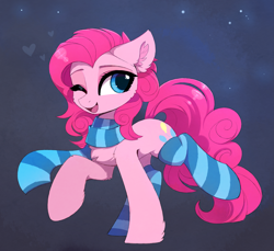 Size: 2969x2719 | Tagged: safe, artist:magnaluna, pinkie pie, earth pony, pony, g4, cheek fluff, chest fluff, clothes, colored eyebrows, cute, diapinkes, ear fluff, eyebrows, female, floppy ears, high res, hoof fluff, leg fluff, looking at you, mare, one eye closed, open mouth, open smile, raised hoof, raised leg, scarf, simple background, smiling, smiling at you, socks, solo, striped scarf, striped socks, wink, winking at you
