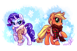 Size: 1650x1100 | Tagged: safe, artist:whitediamonds, applejack, rarity, earth pony, pony, unicorn, rarijack daily, g4, applejack's hat, bedroom eyes, clothes, coat, cowboy hat, duo, duo female, female, freckles, hat, horn, lesbian, mare, raised hoof, scarf, ship:rarijack, shipping, signature, smiling, snow, snowfall, snowflake, winter, winter outfit