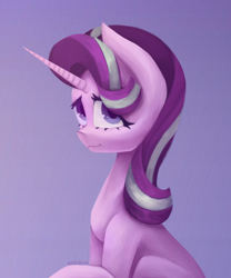 Size: 2500x3000 | Tagged: safe, artist:anastas, starlight glimmer, pony, unicorn, g4, bust, cute, eyelashes, glimmerbetes, gradient background, half body, high res, looking at you, portrait, purple coat, purple fur, raised hoof, sitting, smiling, smiling at you, solo, sternocleidomastoid, two toned mane