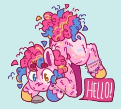 Size: 931x833 | Tagged: safe, artist:lichenbug, boulder (g4), pinkie pie, earth pony, pony, g4, alternate design, anklet, beanbrows, body markings, bracelet, colored hooves, crouching, cyan eyes, ear piercing, earring, elbow fluff, eyebrows, facial markings, female, golden eyes, green background, hello, heterochromia, jewelry, leg fluff, mare, mismatched hooves, piercing, rock, simple background, solo, speech bubble, unshorn fetlocks, yellow eyes