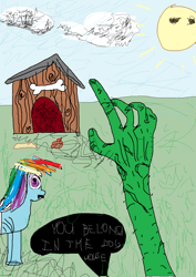 Size: 1020x1440 | Tagged: artist needed, safe, rainbow dash, oc, oc:anon, pegasus, pony, g4, doghouse, hand, pointing, poop, sketch, solo, wat