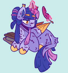 Size: 788x846 | Tagged: safe, artist:tottallytoby, twilight sparkle, alicorn, pony, g4, blaze (coat marking), blue background, book, chest fluff, coat markings, colored eartips, colored hooves, colored wings, colored wingtips, curved horn, ear tufts, eyeshadow, facial markings, feather, female, folded wings, golden eyes, green background, hair bun, hoof polish, horn, leg fluff, leonine tail, levitation, lidded eyes, lying down, magic, magic aura, makeup, mare, multicolored wings, pale belly, prone, quill, shoulder fluff, simple background, socks (coat markings), solo, tail, tail fluff, telekinesis, turned head, twilight sparkle (alicorn), unshorn fetlocks, wings, yellow eyes, yellow wingtips