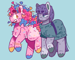 Size: 2048x1630 | Tagged: safe, artist:tottallytoby, maud pie, pinkie pie, earth pony, pony, g4, alternate design, blue background, blush scribble, body markings, bracelet, chest fluff, clothes, coat markings, colored ears, colored eartips, colored hooves, dress, duo, ear piercing, earring, elbow fluff, eyeshadow, facial markings, fangs, female, golden eyes, heterochromia, jewelry, leg fluff, lidded eyes, looking at each other, looking at someone, makeup, mare, mismatched hooves, open mouth, pale belly, piercing, raised hoof, siblings, simple background, sisters, smiling, socks (coat markings), thick eyebrows, unshorn fetlocks