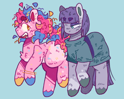 Size: 2048x1630 | Tagged: safe, artist:lichenbug, maud pie, pinkie pie, earth pony, pony, g4, alternate design, blue background, blush scribble, body markings, bracelet, chest fluff, clothes, coat markings, colored ears, colored eartips, colored hooves, dress, duo, ear piercing, earring, elbow fluff, eyeshadow, facial markings, fangs, female, golden eyes, heterochromia, jewelry, leg fluff, lidded eyes, looking at each other, looking at someone, makeup, mare, mismatched hooves, open mouth, pale belly, piercing, raised hoof, siblings, simple background, sisters, smiling, socks (coat markings), thick eyebrows, unshorn fetlocks