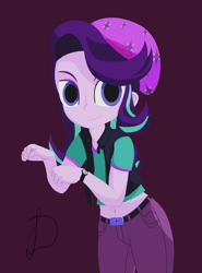 Size: 1600x2160 | Tagged: safe, artist:leddaq, starlight glimmer, human, equestria girls, g4, belly button, empty eyes, looking at you, midriff, no catchlights, purple background, simple background, smiling, smiling at you, solo, standing