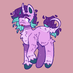 Size: 1280x1280 | Tagged: safe, artist:tottallytoby, starlight glimmer, pony, unicorn, g4, alternate design, body markings, butt fluff, chest fluff, coat markings, colored eartips, colored hooves, curved horn, elbow fluff, facial markings, female, horn, leg fluff, leonine tail, mare, open mouth, pale belly, pink background, purple eyes, raised hoof, red background, redesign, simple background, socks (coat markings), solo, standing, star (coat marking), tail, tail flutt, thick eyebrows, unshorn fetlocks