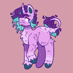 Size: 1280x1280 | Tagged: safe, artist:lichenbug, starlight glimmer, pony, unicorn, g4, alternate design, body markings, butt fluff, chest fluff, coat markings, colored eartips, colored hooves, curved horn, elbow fluff, facial markings, female, horn, leg fluff, leonine tail, mare, open mouth, pale belly, pink background, purple eyes, raised hoof, red background, redesign, simple background, socks (coat markings), solo, standing, star (coat marking), tail, tail flutt, thick eyebrows, unshorn fetlocks