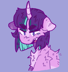 Size: 1920x2048 | Tagged: safe, artist:tottallytoby, starlight glimmer, pony, unicorn, g4, alternate design, alternate hairstyle, angry, blue background, cheek fluff, chest fluff, coat markings, colored eartips, curved horn, ears back, eyeshadow, facial markings, fangs, female, horn, lidded eyes, makeup, mare, open mouth, purple eyes, shoulder fluff, simple background, solo, star (coat marking), thick eyebrows