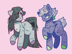 Size: 1024x768 | Tagged: safe, artist:tottallytoby, limestone pie, marble pie, earth pony, pony, g4, alternate design, beanbrows, body markings, chest fluff, colored eyelashes, colored hooves, duo, ears back, elbow fluff, eyebrows, female, green eyes, lidded eyes, looking at someone, mare, pale belly, pink background, purple eyes, raised hoof, siblings, simple background, sisters, thick eyebrows, unshorn fetlocks