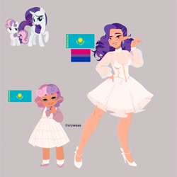 Size: 2048x2048 | Tagged: safe, artist:cryweas, rarity, sweetie belle, human, pony, unicorn, g4, alternate hairstyle, ankle socks, bisexual pride flag, blushing, clothes, dress, duo, ear piercing, earring, elf ears, eyeshadow, female, filly, flats, foal, frilly socks, gray background, grin, hairband, high heels, high res, humanized, jewelry, kazakhstan, lipstick, makeup, mare, mary janes, nail polish, piercing, pride, pride flag, ring, shoes, siblings, simple background, sisters, smiling, socks
