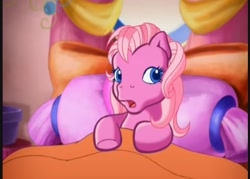 Size: 720x516 | Tagged: safe, screencap, pinkie pie (g3), earth pony, pony, g3, pinkie pie's special day, bed, female, looking to the right, mare, pillow, solo