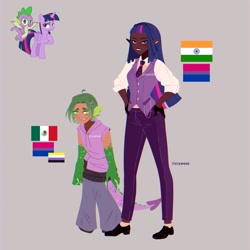 Size: 2048x2048 | Tagged: safe, artist:cryweas, spike, twilight sparkle, alicorn, dragon, human, pony, g4, alternate hairstyle, belt, bisexual pride flag, blushing, clothes, converse, dark skin, denim, duo, ear piercing, eared humanization, earring, elf ears, female, gloves, gray background, grin, gritted teeth, hairband, high res, hispanic, hoodie, humanized, india, indian, jeans, jewelry, mare, mexican, mexican flag, necktie, nonbinary, nonbinary spike, pants, piercing, pride, pride flag, scales, shirt, shoes, simple background, sleeveless, smiling, socks, tail, tailed humanization, teeth, twilight sparkle (alicorn), vest, winged spike, wings