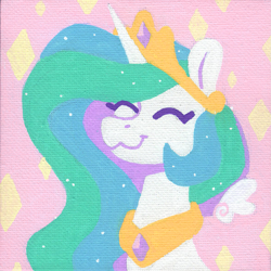 Size: 1175x1177 | Tagged: safe, artist:dandy, princess celestia, alicorn, pony, g4, acrylic painting, eyes closed, female, floating wings, happy, horn, jewelry, regalia, solo, sparkly mane, traditional art, wings